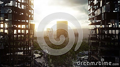 Cidade do apocalipse na névoa Vista aérea da cidade destruída Conceito do apocalipse Animação 4K realística super Cidade do apocalipse na névoa Vista aérea da cidade destruída Conceito do apocalipse Animação 4K realística super