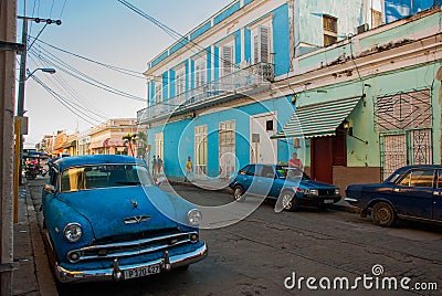 Cienfuegos, Cuba: American retro car on the streets of the Cuban city Editorial Stock Photo