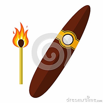 Cigar and Match. Vector Illustration isolated on white background Vector Illustration
