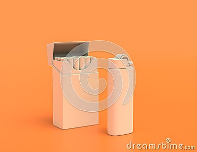 Cigarette pack and lighter white plastic bad habit products in yellow orange background, flat colors, single color, 3d rendering Stock Photo