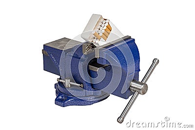 Cigarettes Held in Blue Vise Grip - Oblique View Stock Photo