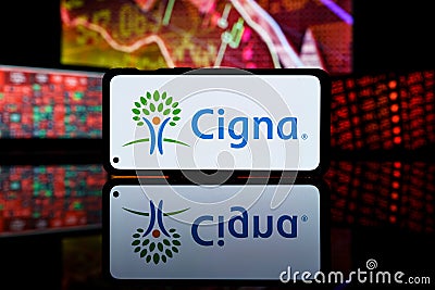 Cigna company shares dropped down at stock market. Cigna company financial crisis and failure. Editorial Stock Photo