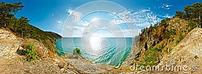 360 cilindrical panorama of a cliff above the water Baikal Sea Stock Photo