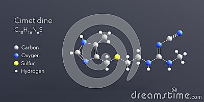 cimetidine molecule 3d rendering, flat molecular structure with chemical formula and atoms color coding Stock Photo