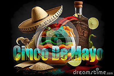 Cinco de mayo banner template for mexico independence celebration with holiday symbols. Written calligraphic inscription Cinco de Stock Photo