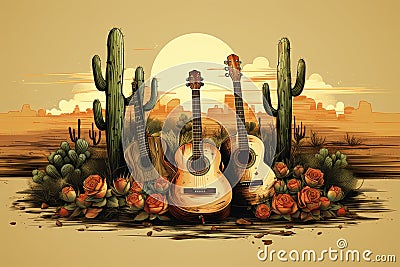 Cinco de Mayo cartoon style background, three wooden guitars next to cacti in the Mexican desert Stock Photo