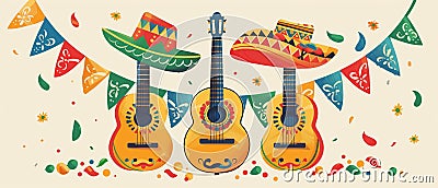 Cinco de mayo celebration banner. Three guitars in sombrero hats. Horizontal flat illustration 7:3 Cartoon Illustration