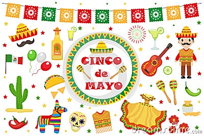 Cinco de Mayo celebration in Mexico, icons set, design element, flat style.Collection objects for Cinco de Mayo parade Vector Illustration