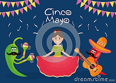 Cinco de mayo celebration woman with musician characters Vector Illustration