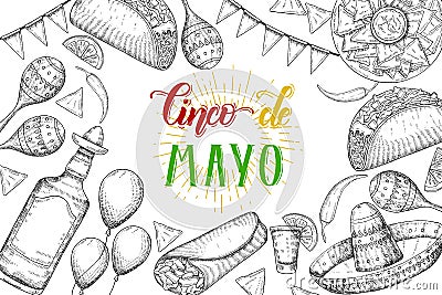 Cinco de Mayo Festive background with hand drawn symbols - chili pepper, maracas, sombrero, nachos, tacos, burritos, tequila, Vector Illustration