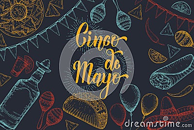 Cinco de Mayo Festive background with hand drawn symbols - chili pepper, maracas, sombrero, nachos, tacos, burritos, tequila, Vector Illustration