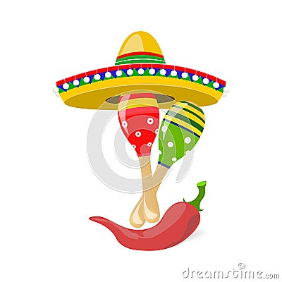 Cinco de Mayo. Fun holiday. Sombrero, maracas and red peppers. illustration Vector Illustration