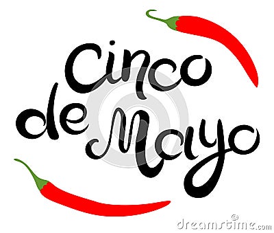 Cinco de Mayo glittering lettering design. Hand drawn Inscription and two chili peppers Vector Illustration