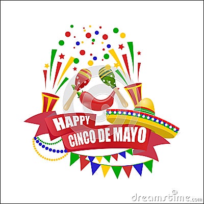 Cinco de Mayo. An inscription with a wish for happiness on the ribbon. Sombrero, flags, maracas and red peppers Vector Illustration