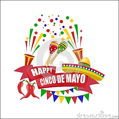 Cinco de Mayo. An inscription with a wish of happiness. Sombrero, maracas, flags, red peppers. illustration Vector Illustration