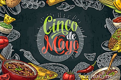 Cinco de Mayo lettering and mexican traditional food Vector Illustration