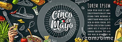 Cinco de Mayo lettering and mexican traditional food Vector Illustration
