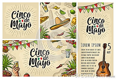 Cinco de Mayo lettering and mexican traditional food Vector Illustration