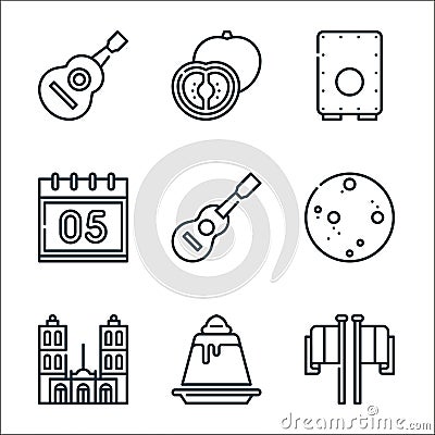 cinco de mayo line icons. linear set. quality vector line set such as french, flan, cathedral, tortilla, jarana, calendar, cajon, Vector Illustration