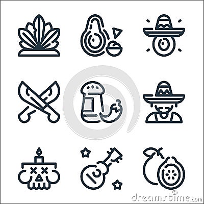 Cinco de mayo line icons. linear set. quality vector line set such as guava, guitar, candle, mexican, chilli, machete, avocado, Vector Illustration