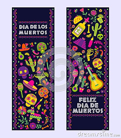 Dias de los Muertos typography banners vector. Mexico design for fiesta cards or party invitation, poster. Flowers Vector Illustration