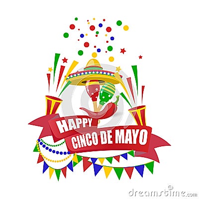 Cinco de Mayo. Merry holiday. Write with a wish for happiness on the tape. Sombrero, crackers, candies, flags, maracas Vector Illustration