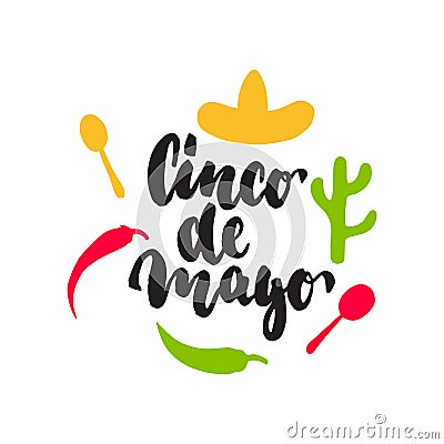 Cinco de Mayo mexican greeting lettering card. Vector illustration with hand drawn sketch jalapeno, cactus, sombrero and maracas. Vector Illustration