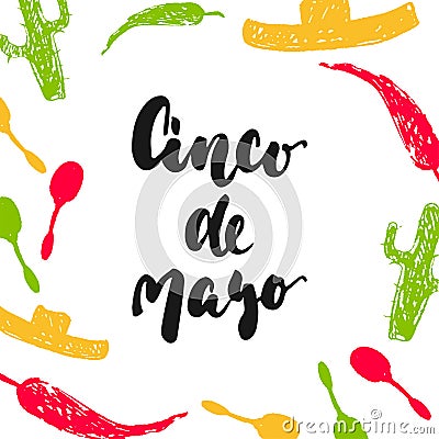 Cinco de Mayo mexican greeting lettering card. Vector illustration with hand drawn sketch jalapeno, cactus, sombrero and maracas. Vector Illustration