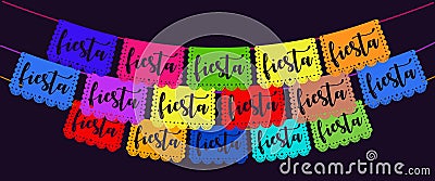 Cinco de mayo paper picado banner in beautiful style on purple background. Day of the Dead Papel Picado. Dia de los Vector Illustration