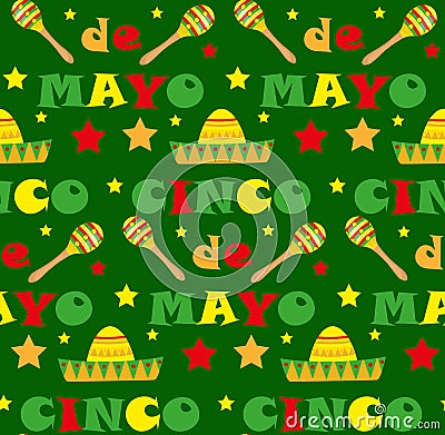 Cinco de Mayo seamless pattern. Mexican holiday endless background, texture. Vector illustration. Vector Illustration