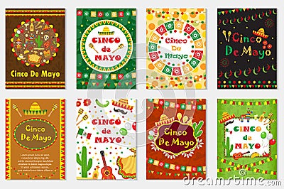Cinco de Mayo set greeting card, template for flyer, poster, invitation. Mexican celebration with traditional symbols Vector Illustration