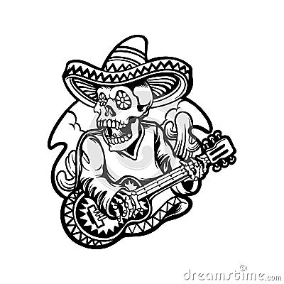 Cinco de mayo skull playing guitar character Cartoon Illustration