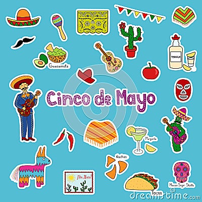 Cinco de Mayo sticker set, festive graphics ideal for Mexican themed parties, vector illustration Vector Illustration