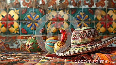 Cinco de Mayo theme: sombreros and maracas on a Mexican tile background. The stage is rich in textures and colors Stock Photo