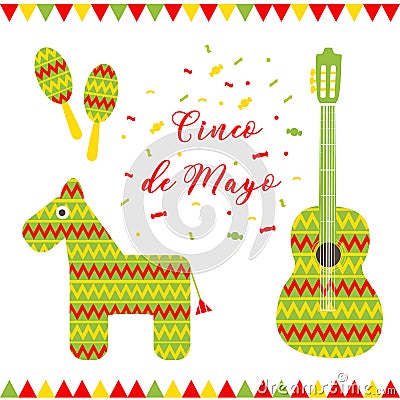 Cinco de Mayo. Vector illustration for greeting card. Multicolored guitar, donkey, maracas and inscription among Vector Illustration