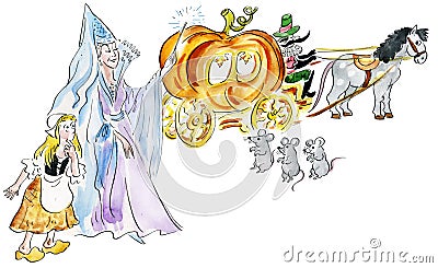 Cinderella and fairy godmother making fairy pumpkin carriage Cartoon Illustration