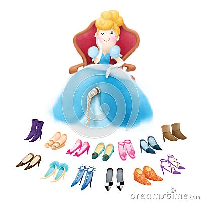 Cinderella with many shoes Cartoon Illustration