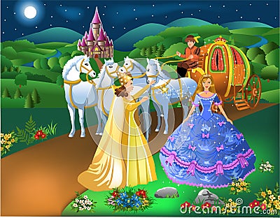 Cinderella scene with godmother fairy transforming pumpkin into carriage with horses and the girl into a princess Vector Illustration