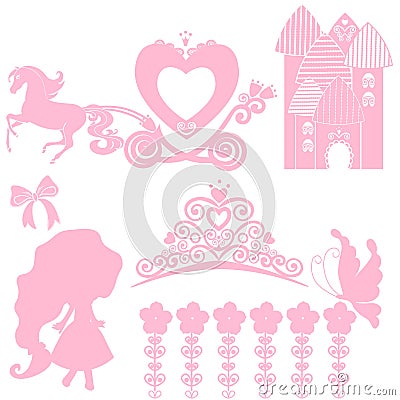 Cinderella set of collections. Crown, Vector illustration. design elements for little Princess, glamour girl. cards for Vector Illustration