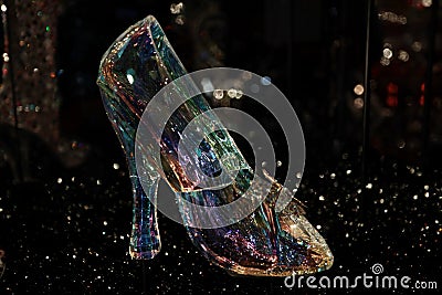 Cinderella slipper: Original Swarovski crystal slipper from the film Cinderella at the Swarovski Kristallwelten. Editorial Stock Photo