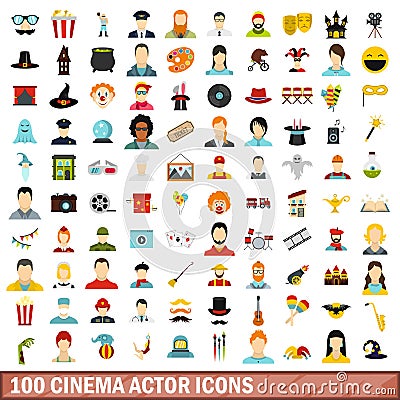 100 cinema actor icons set, flat style Vector Illustration