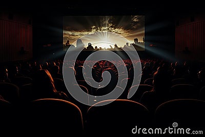 Cinema audience silhouetted in dim lighting Stock Photo