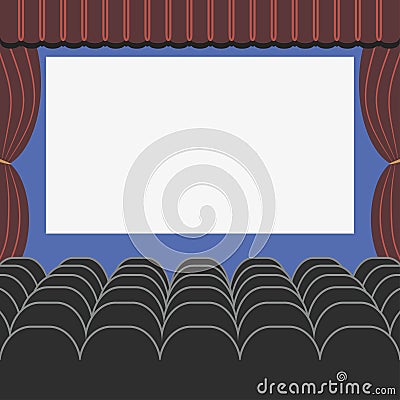 Cinema auditorium in flat style with seats, curtain and blank screen. Movie or theatre hall. Vector. Vector Illustration