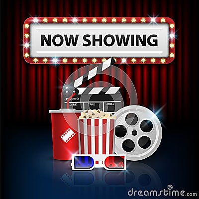 Cinema background concept, movie theater object on red curtain background and now showing with electric bulbs frame Vector Illustration