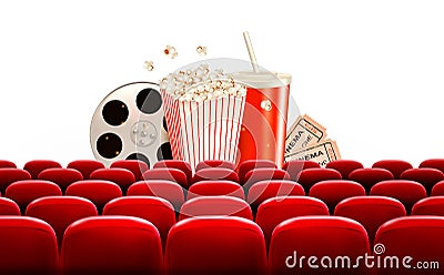 Cinema background with a film reel, popcorn, drink and tickets. Vector Illustration