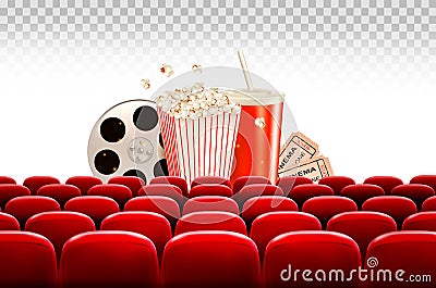 Cinema background with a film reel, popcorn, drink and tickets. Vector Illustration