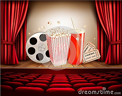 Cinema background with a film reel, popcorn, drink and tickets. Vector Illustration