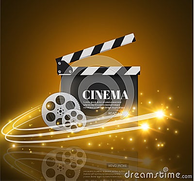 Cinema Background With Movie.Blue background with light star.Clapper Board. Vector Flyer Or Poster. Vector Illustration