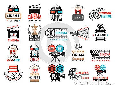 Cinema badges. Movie production symbols camera director chair film tape vector logo collection Vector Illustration