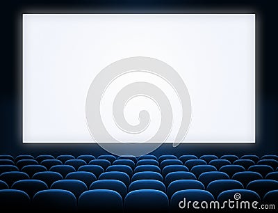 Cinema blank screen with blue seats Stock Photo
